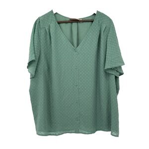EVRI Green Plus 3X Button Down Swiss Dot Short Sleeve Blouse sheer spring light